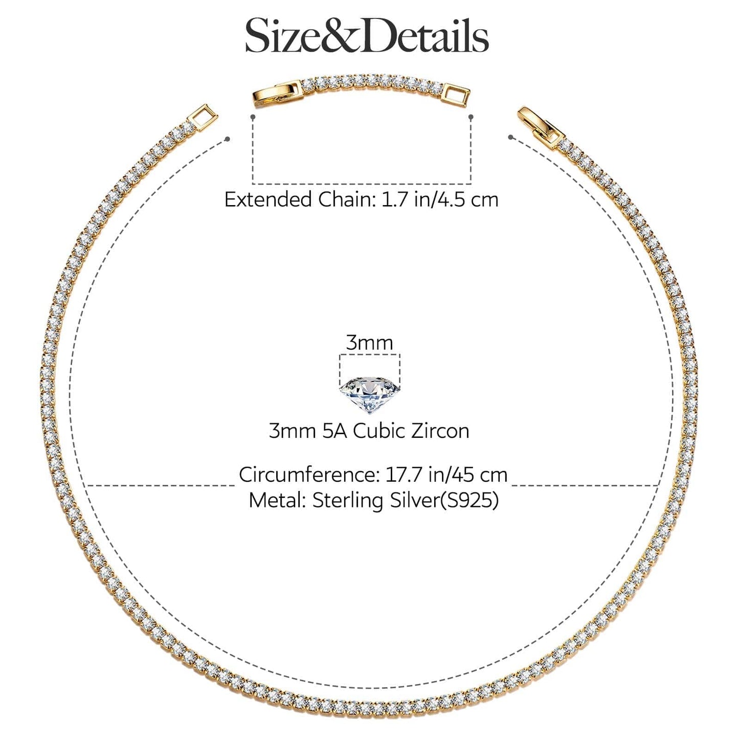 Sterling Silver Classic Tennis Necklace In 14K Gold Plated