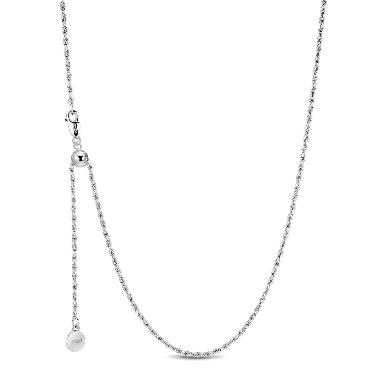 Sterling Silver Adjustable Rope Chain Necklace with Slider Clasp In White Gold Plated