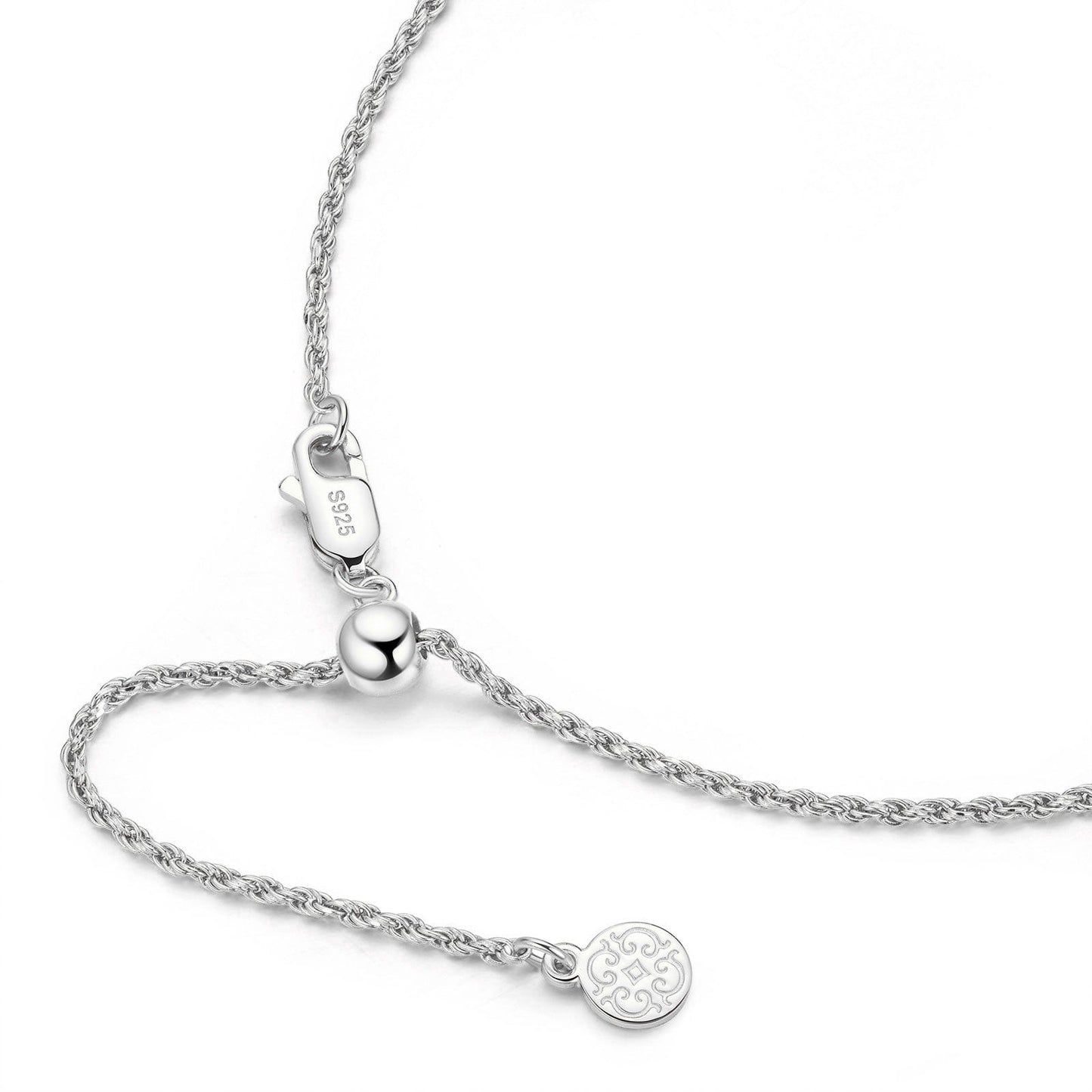 Sterling Silver Adjustable Rope Chain Necklace with Slider Clasp In White Gold Plated
