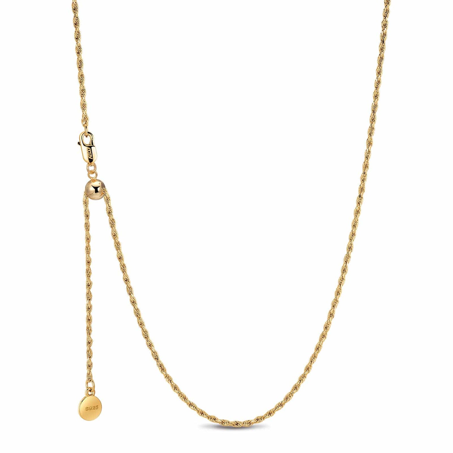 Sterling Silver Adjustable Rope Chain Necklace with Slider Clasp In 14K Gold Plated