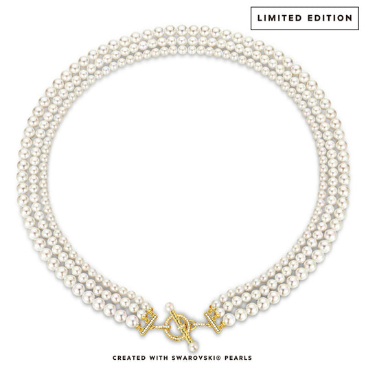gona- Tarnish-resistant Silver Vintage-Inspired Triple Row Pearl Necklace with Gold-Tone T-Bar Clasp - Created With Swarovski® Pearls 4mm-6mm