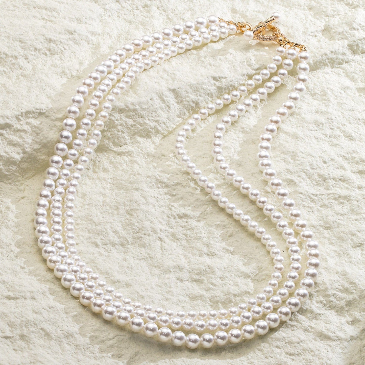 Tarnish-resistant Silver Vintage-Inspired Triple Row Pearl Necklace with Gold-Tone T-Bar Clasp - Created With Swarovski® Pearls 4mm-6mm