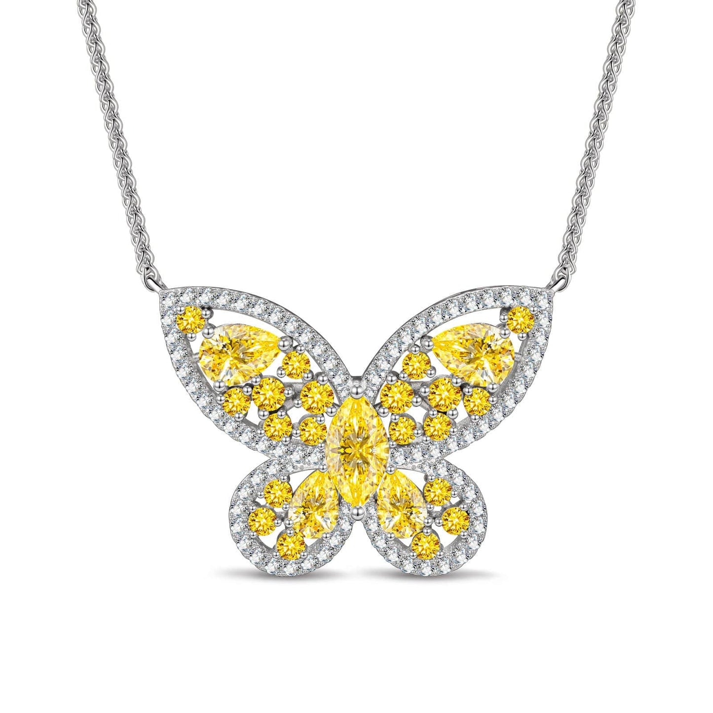 Sterling Silver Brilliant Butterfly Pendant Necklace In White Gold Plated