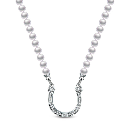 gona- Sterling Silver Horseshoe Pearl Necklace In White Gold Plated