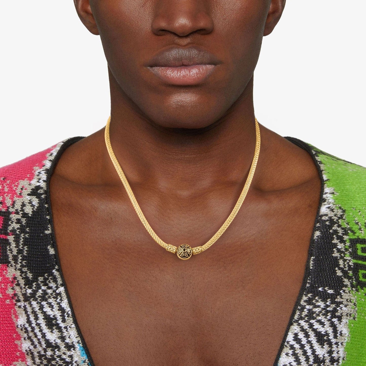 Sterling Silver Personalized Fashion Snap Necklace With Enamel In 14K Gold Plated For Men