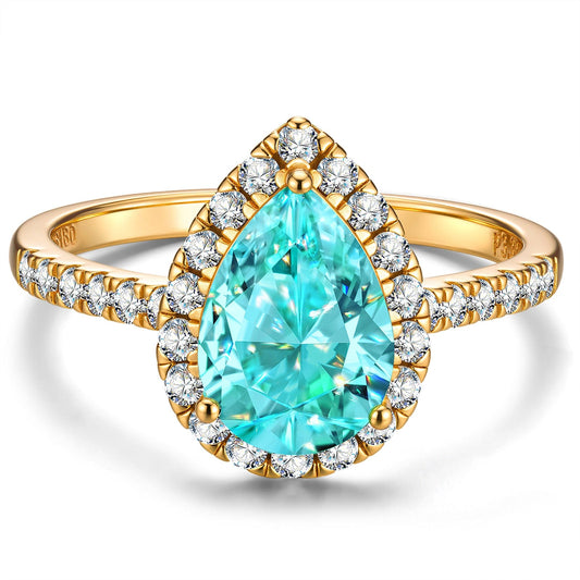 gon- Pear Brilliant Cut Electric Lagoon Hue Lab-Certified Paraiba Tourmaline - Halo Classic Engagement Ring 14K Yellow Gold Plated (Includes GRC Certification from Gemstone Research Center)