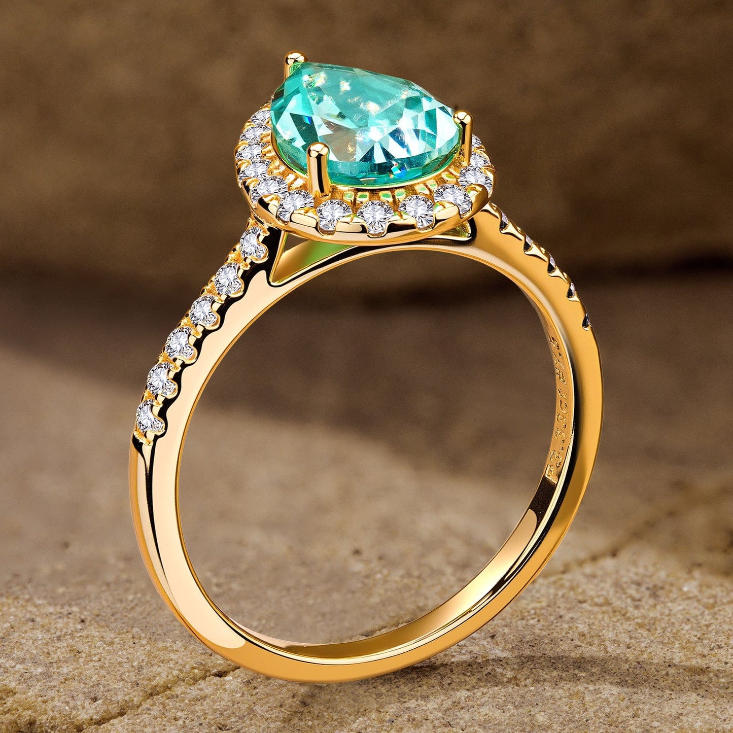 Pear Brilliant Cut Electric Lagoon Hue Lab-Certified Paraiba Tourmaline - Halo Classic Engagement Ring 14K Yellow Gold Plated (Includes GRC Certification from Gemstone Research Center)