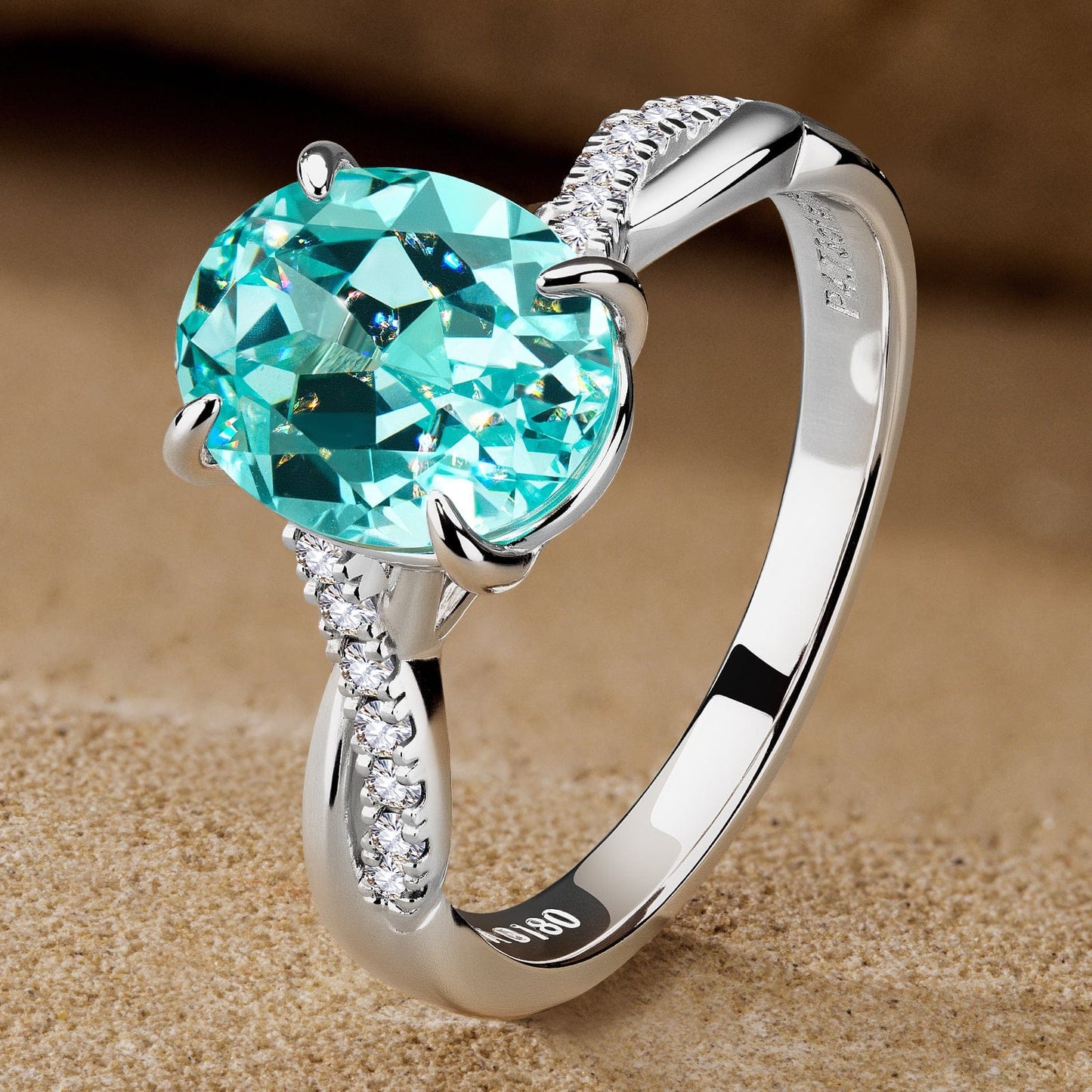 Oval Brilliant Cut Electric Lagoon Hue Lab-Certified Paraiba Tourmaline - Pave Classic Engagement Ring White Gold Plated (Includes GRC Certification from Gemstone Research Center)