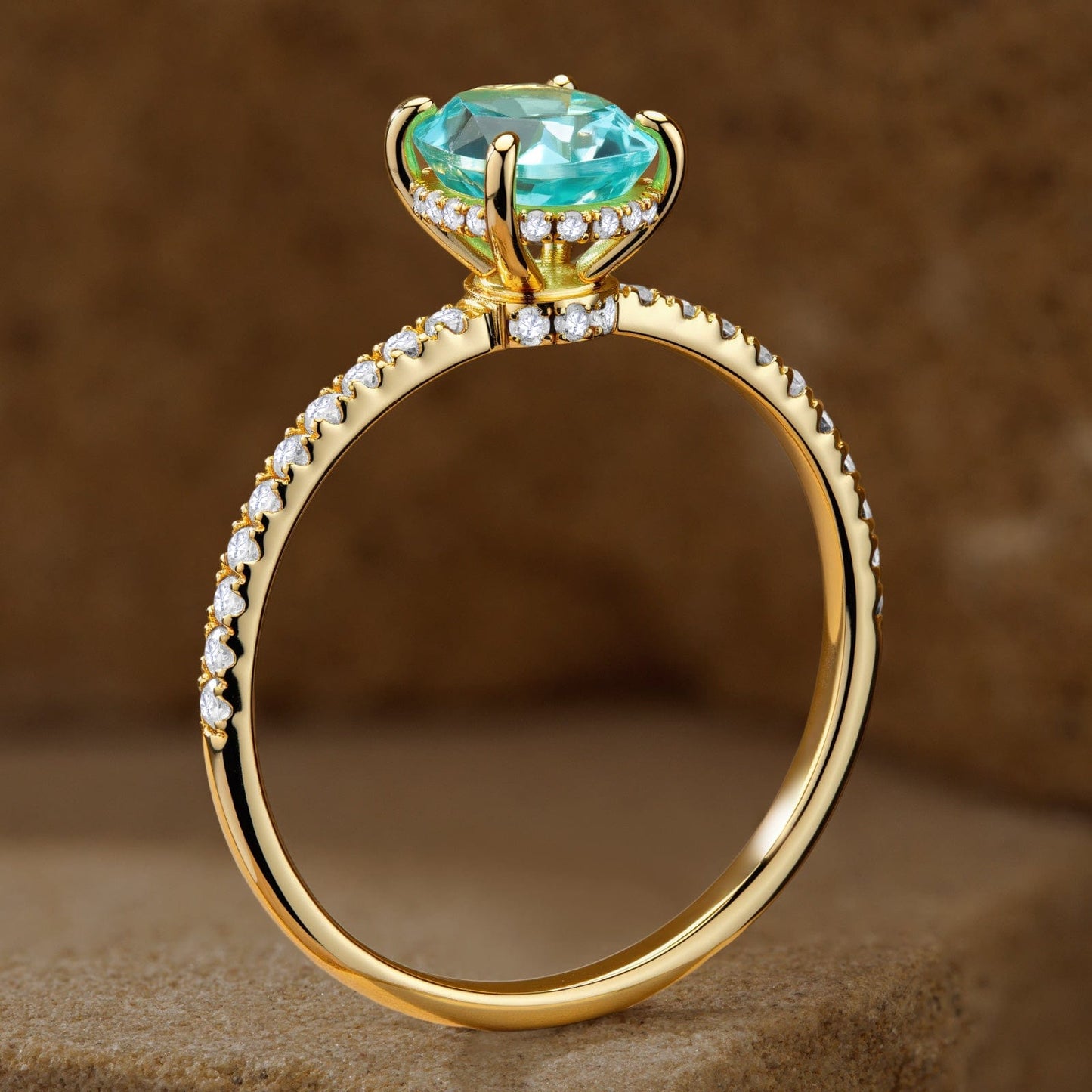 Oval Brilliant Cut Electric Lagoon Hue Lab-Certified Paraiba Tourmaline - Pave Classic Engagement Ring 14K Yellow Gold Plated (Includes GRC Certification from Gemstone Research Center)