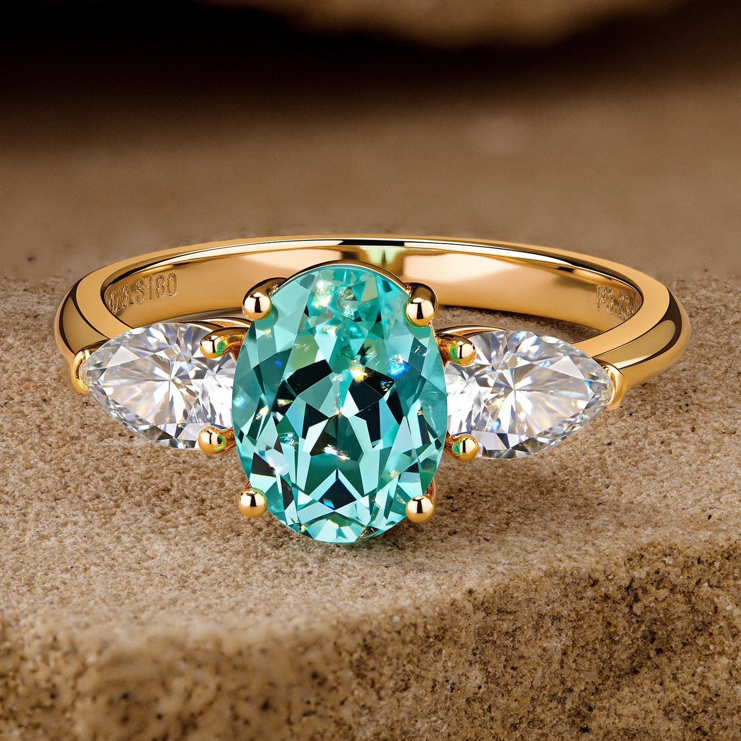 Oval Brilliant Cut Electric Lagoon Hue Lab-Certified Paraiba Tourmaline - Three Stone Classic Engagement Ring 14K Yellow Gold Plated (Includes GRC Certification from Gemstone Research Center)