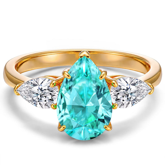 gon- Pear Brilliant Cut Electric Lagoon Hue Lab-Certified Paraiba Tourmaline - Three Stone Classic Engagement Ring 14K Yellow Gold Plated (Includes GRC Certification from Gemstone Research Center)