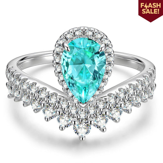 gon- Pear Brilliant Cut Electric Lagoon Hue Lab-Certified Paraiba Tourmaline - Halo Classic Engagement Ring White Gold Plated (Includes GRC Certification from Gemstone Research Center)