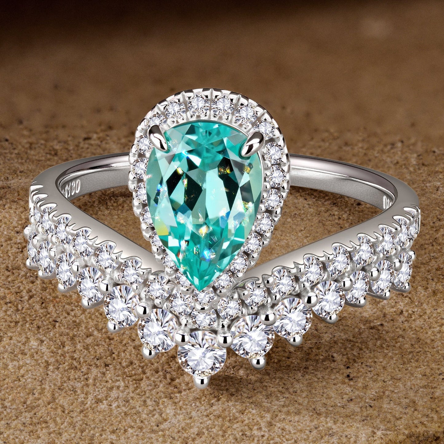Pear Brilliant Cut Electric Lagoon Hue Lab-Certified Paraiba Tourmaline - Halo Classic Engagement Ring White Gold Plated (Includes GRC Certification from Gemstone Research Center)
