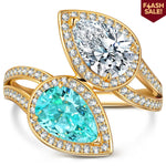 2.20 ct Pear Brilliant Cut Electric Lagoon Hue Lab-Certified Paraiba Tourmaline and Pear Brilliant Cut Cubic Zirconia - Two Stone Classic Engagement Ring 14K Yellow Gold Plated (Includes GRC Certification from Gemstone Research Center)