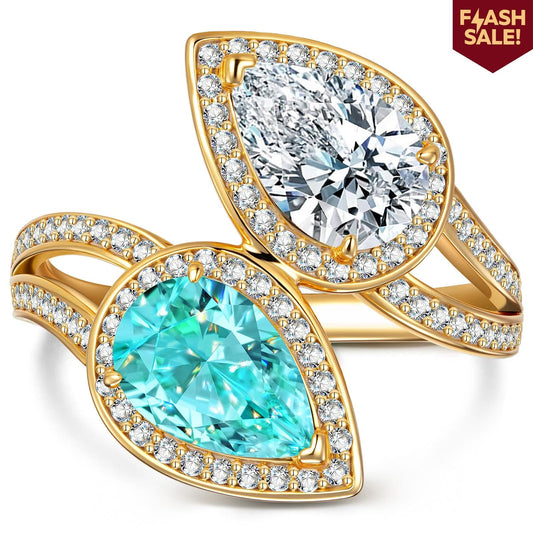 gon- 2.20 ct Pear Brilliant Cut Electric Lagoon Hue Lab-Certified Paraiba Tourmaline and Pear Brilliant Cut Cubic Zirconia - Two Stone Classic Engagement Ring 14K Yellow Gold Plated (Includes GRC Certification from Gemstone Research Center)