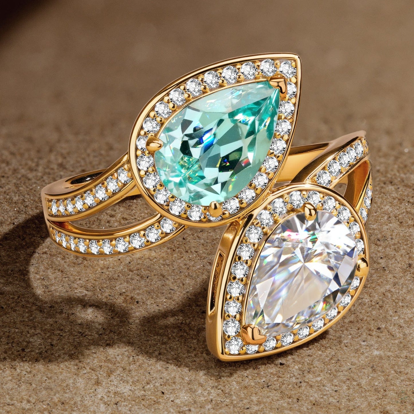 2.20 ct Pear Brilliant Cut Electric Lagoon Hue Lab-Certified Paraiba Tourmaline and Pear Brilliant Cut Cubic Zirconia - Two Stone Classic Engagement Ring 14K Yellow Gold Plated (Includes GRC Certification from Gemstone Research Center)