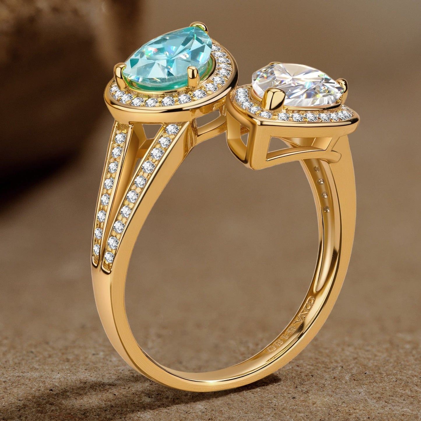 2.20 ct Pear Brilliant Cut Electric Lagoon Hue Lab-Certified Paraiba Tourmaline and Pear Brilliant Cut Cubic Zirconia - Two Stone Classic Engagement Ring 14K Yellow Gold Plated (Includes GRC Certification from Gemstone Research Center)