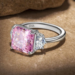 Radiant Modified Brilliant Cut Fancy Vivid Pink Ice-Frosted Sparkle Lab Zircon - Three Stone Classic Engagement Ring White Gold Plated