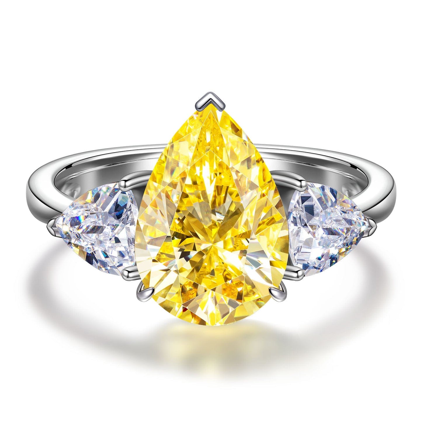 Pear Modified Brilliant Cut Fancy Vivid Yellow Ice-Frosted Sparkle Lab Zircon - Three Stone Classic Engagement Ring White Gold Plated