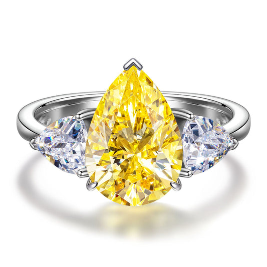 gon- Pear Modified Brilliant Cut Fancy Vivid Yellow Ice-Frosted Sparkle Lab Zircon - Three Stone Classic Engagement Ring White Gold Plated