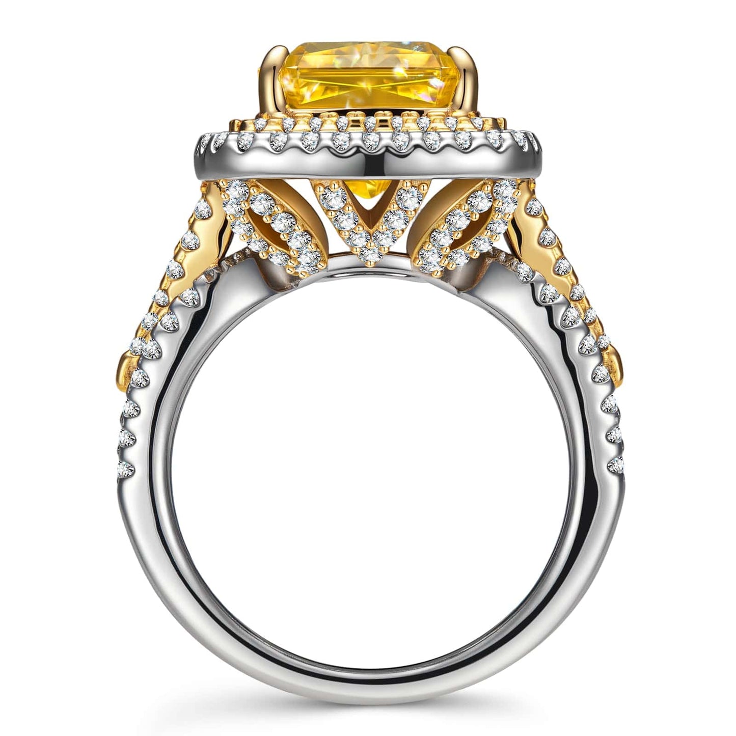 Radiant Modified Brilliant Cut Fancy Vivid Yellow Ice-Frosted Sparkle Lab Zircon - Halo Classic Engagement Ring White Gold Plated