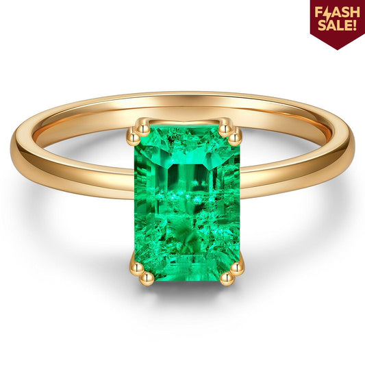 gon- Emerald-Cut Vivid Colombian Green Lab-Certified Emerald - Solitaire Classic Engagement Ring 14K Yellow Gold Plated (Includes GRC Certification from Gemstone Research Center)