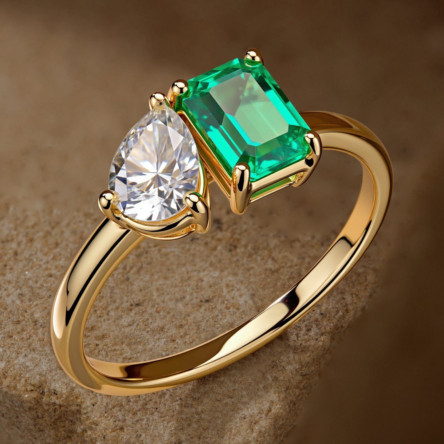 Emerald-Cut Vivid Colombian Green Lab-Certified Emerald and Lab-Certified Pear Brilliant Cut Moissanite - Two Stone Classic Engagement Ring 14K Yellow Gold Plated (Includes GRC Certification from Gemstone Research Center)