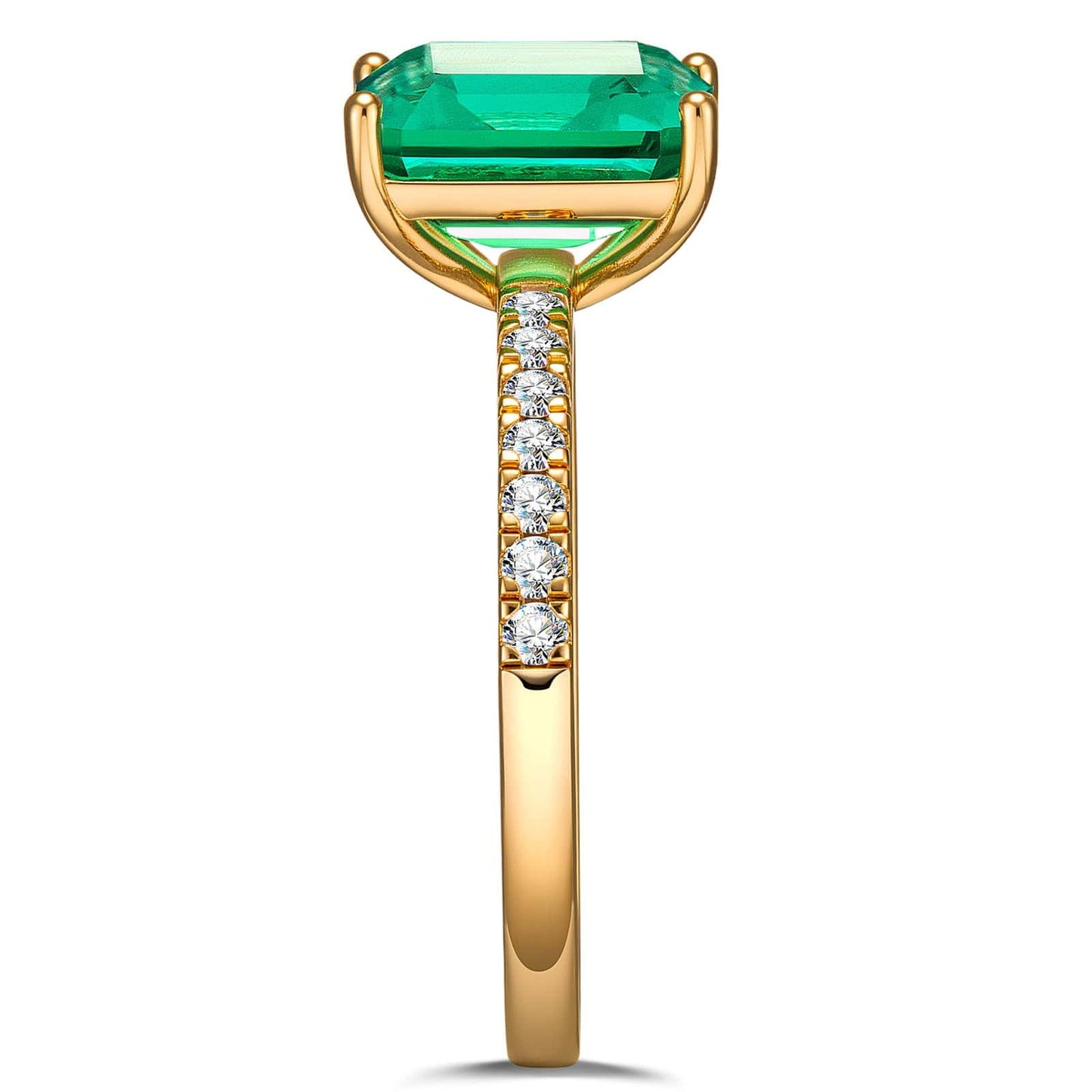 Emerald-Cut Vivid Colombian Green Lab-Certified Emerald - Pave Classic Engagement Ring 14K Yellow Gold Plated (Includes GRC Certification from Gemstone Research Center)