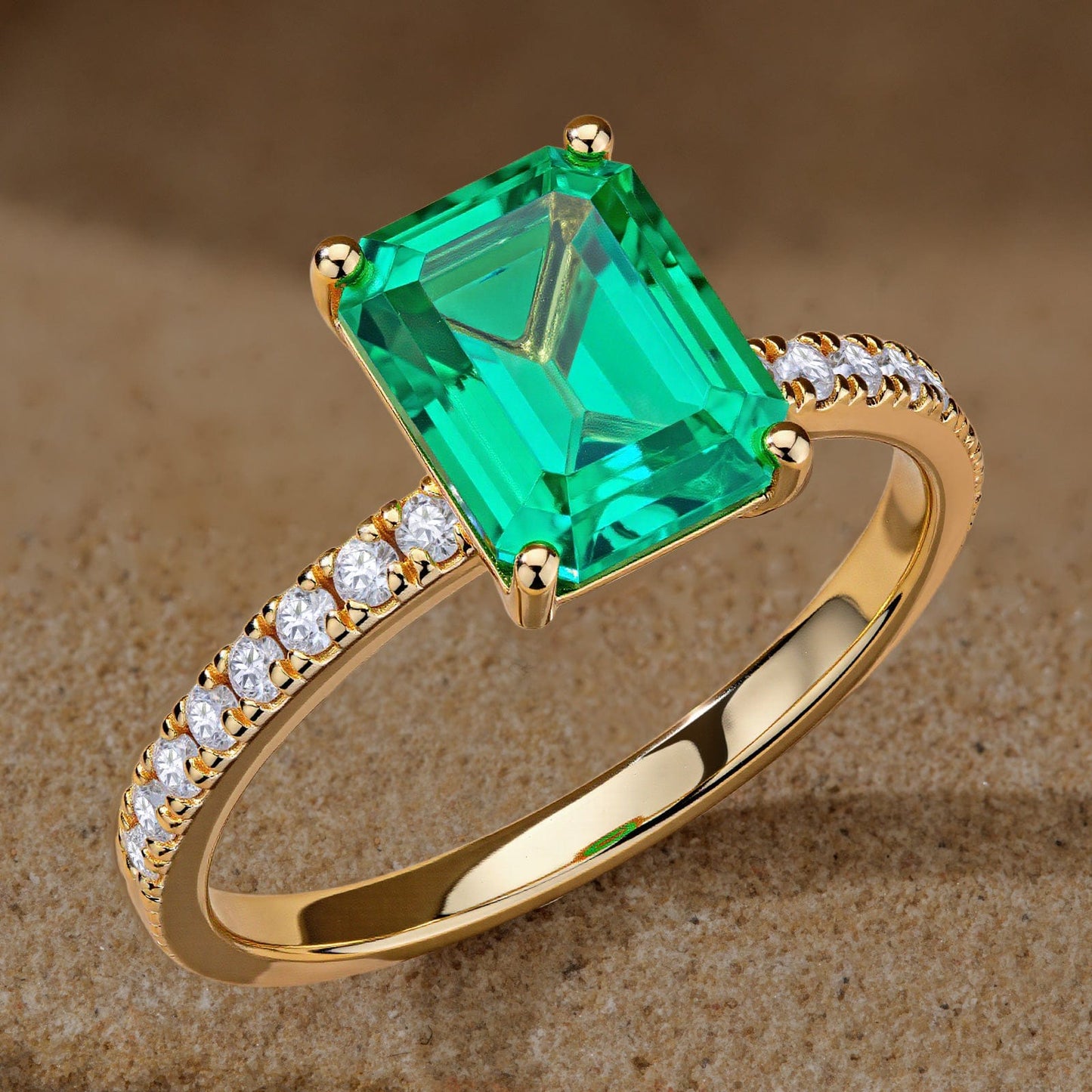 Emerald-Cut Vivid Colombian Green Lab-Certified Emerald - Pave Classic Engagement Ring 14K Yellow Gold Plated (Includes GRC Certification from Gemstone Research Center)