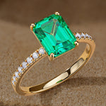 Emerald-Cut Vivid Colombian Green Lab-Certified Emerald - Pave Classic Engagement Ring 14K Yellow Gold Plated (Includes GRC Certification from Gemstone Research Center)