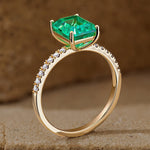 Emerald-Cut Vivid Colombian Green Lab-Certified Emerald - Pave Classic Engagement Ring 14K Yellow Gold Plated (Includes GRC Certification from Gemstone Research Center)