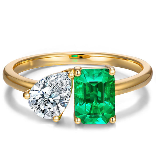 gon- Emerald-Cut Vivid Colombian Green Lab-Certified Emerald and Lab-Certified Pear Brilliant Cut Moissanite - Two Stone Classic Engagement Ring 14K Yellow Gold Plated (Includes GRC Certification from Gemstone Research Center)