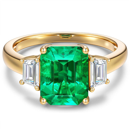 gon- Emerald-Cut Vivid Colombian Green Lab-Certified Emerald - Three Stone Classic Engagement Ring 14K Yellow Gold Plated (Includes GRC Certification from Gemstone Research Center)
