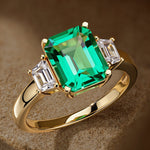 Emerald-Cut Vivid Colombian Green Lab-Certified Emerald - Three Stone Classic Engagement Ring 14K Yellow Gold Plated (Includes GRC Certification from Gemstone Research Center)