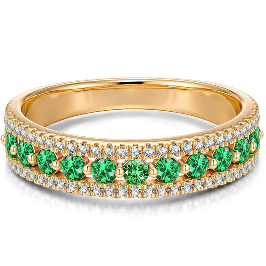 gon- Round Brilliant Cut Vivid Colombian Green Lab-Certified Emerald - Half Eternity Ring 14K Yellow Gold Plated (Includes GRC Certification from Gemstone Research Center)