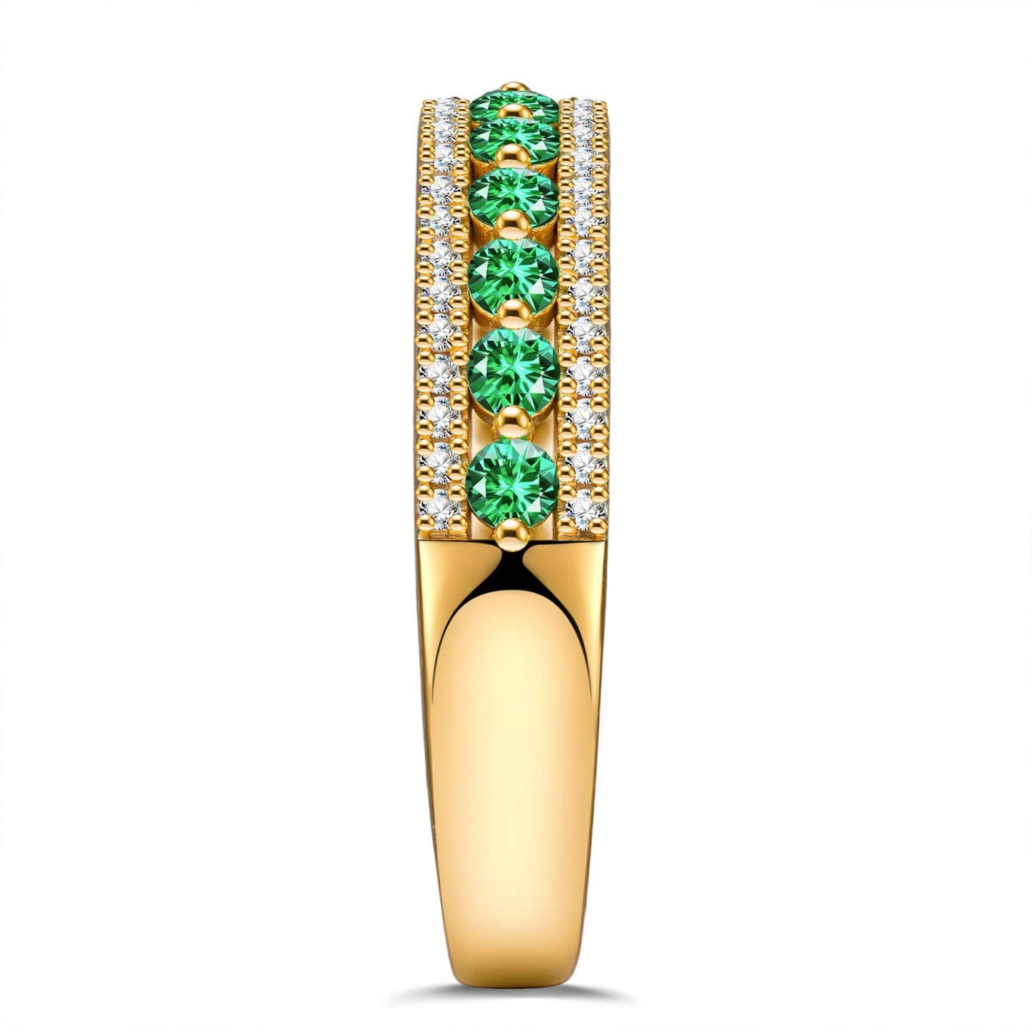 Round Brilliant Cut Vivid Colombian Green Lab-Certified Emerald - Half Eternity Ring 14K Yellow Gold Plated (Includes GRC Certification from Gemstone Research Center)