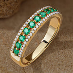 Round Brilliant Cut Vivid Colombian Green Lab-Certified Emerald - Half Eternity Ring 14K Yellow Gold Plated (Includes GRC Certification from Gemstone Research Center)