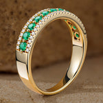 Round Brilliant Cut Vivid Colombian Green Lab-Certified Emerald - Half Eternity Ring 14K Yellow Gold Plated (Includes GRC Certification from Gemstone Research Center)