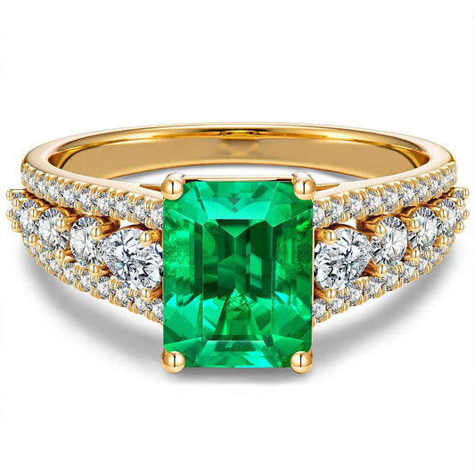 gon- Emerald-Cut Vivid Colombian Green Lab-Certified Emerald - Pave Classic Engagement Ring 14K Yellow Gold Plated (Includes GRC Certification from Gemstone Research Center)