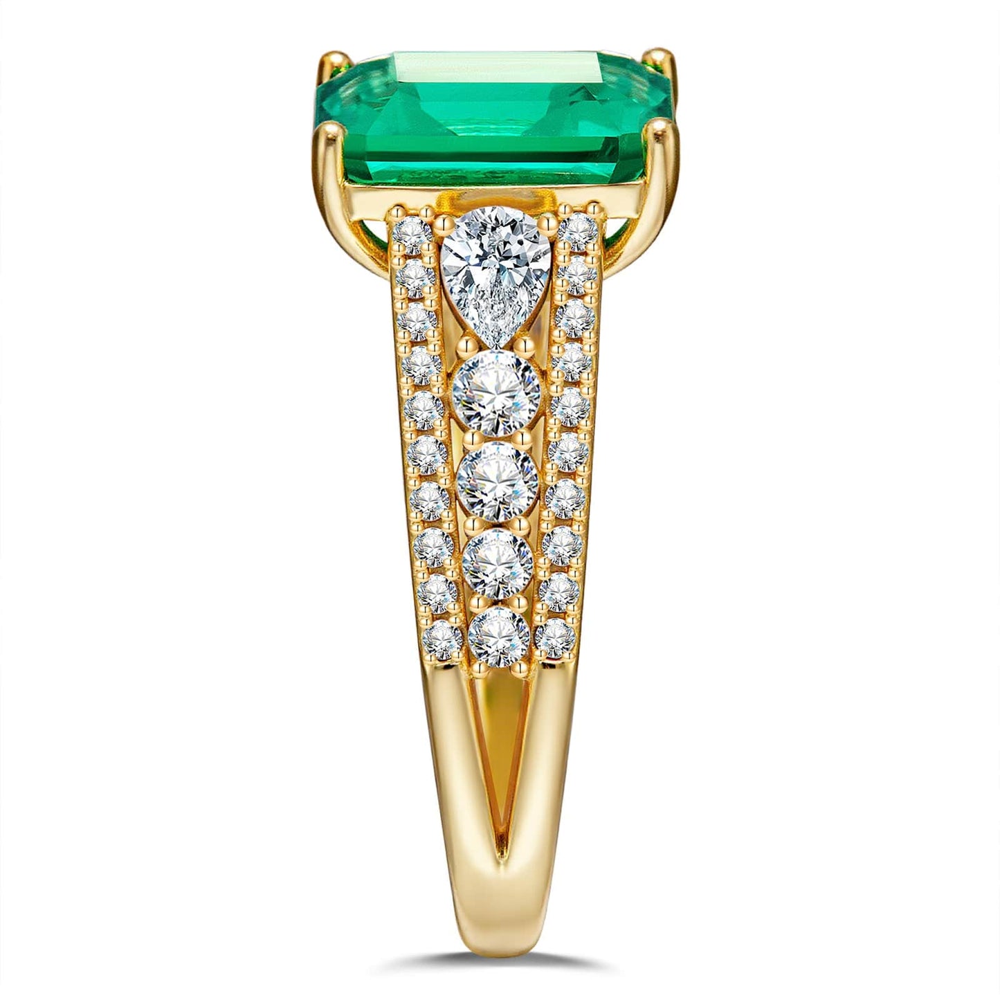 Emerald-Cut Vivid Colombian Green Lab-Certified Emerald - Pave Classic Engagement Ring 14K Yellow Gold Plated (Includes GRC Certification from Gemstone Research Center)