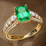 Emerald-Cut Vivid Colombian Green Lab-Certified Emerald - Pave Classic Engagement Ring 14K Yellow Gold Plated (Includes GRC Certification from Gemstone Research Center)