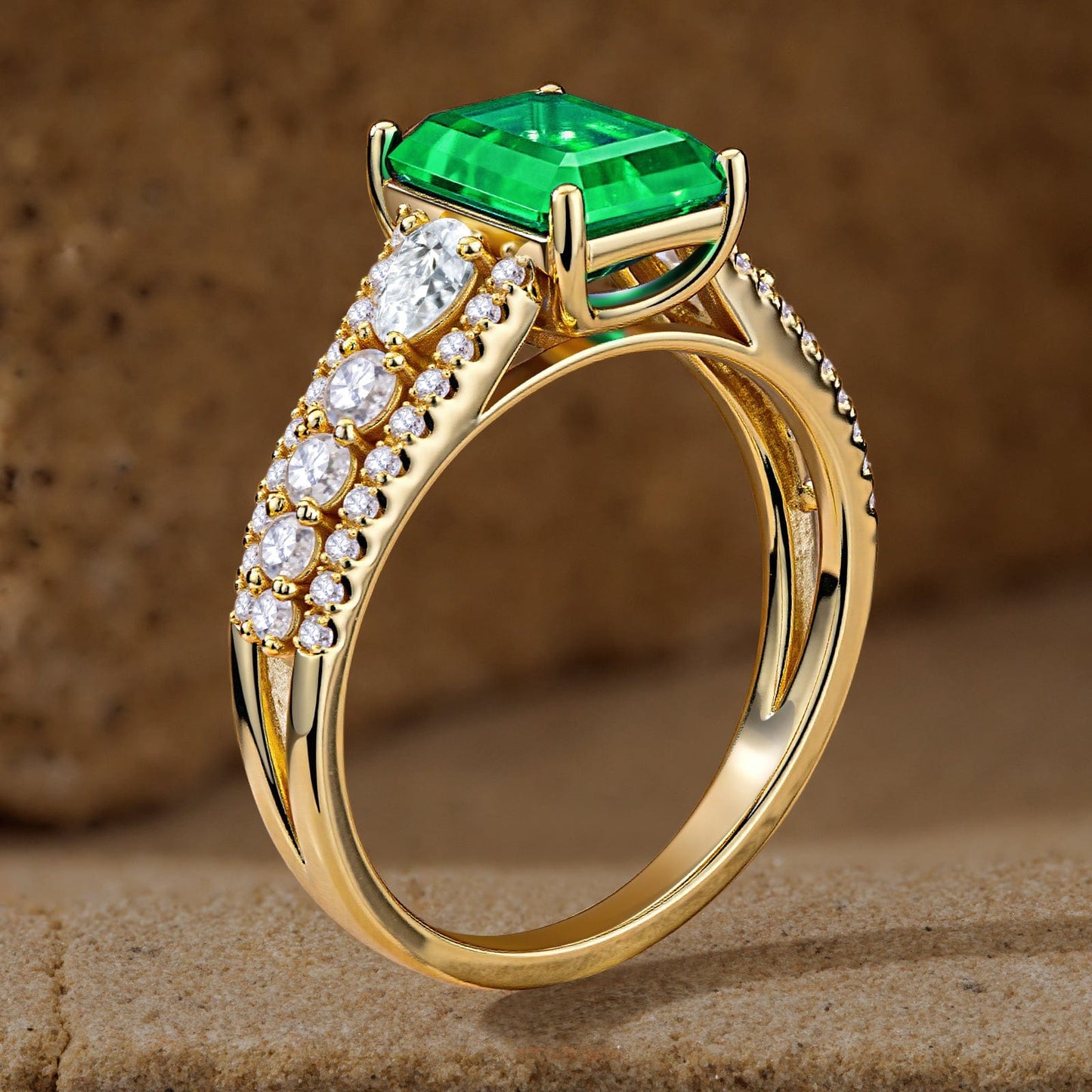 Emerald-Cut Vivid Colombian Green Lab-Certified Emerald - Pave Classic Engagement Ring 14K Yellow Gold Plated (Includes GRC Certification from Gemstone Research Center)
