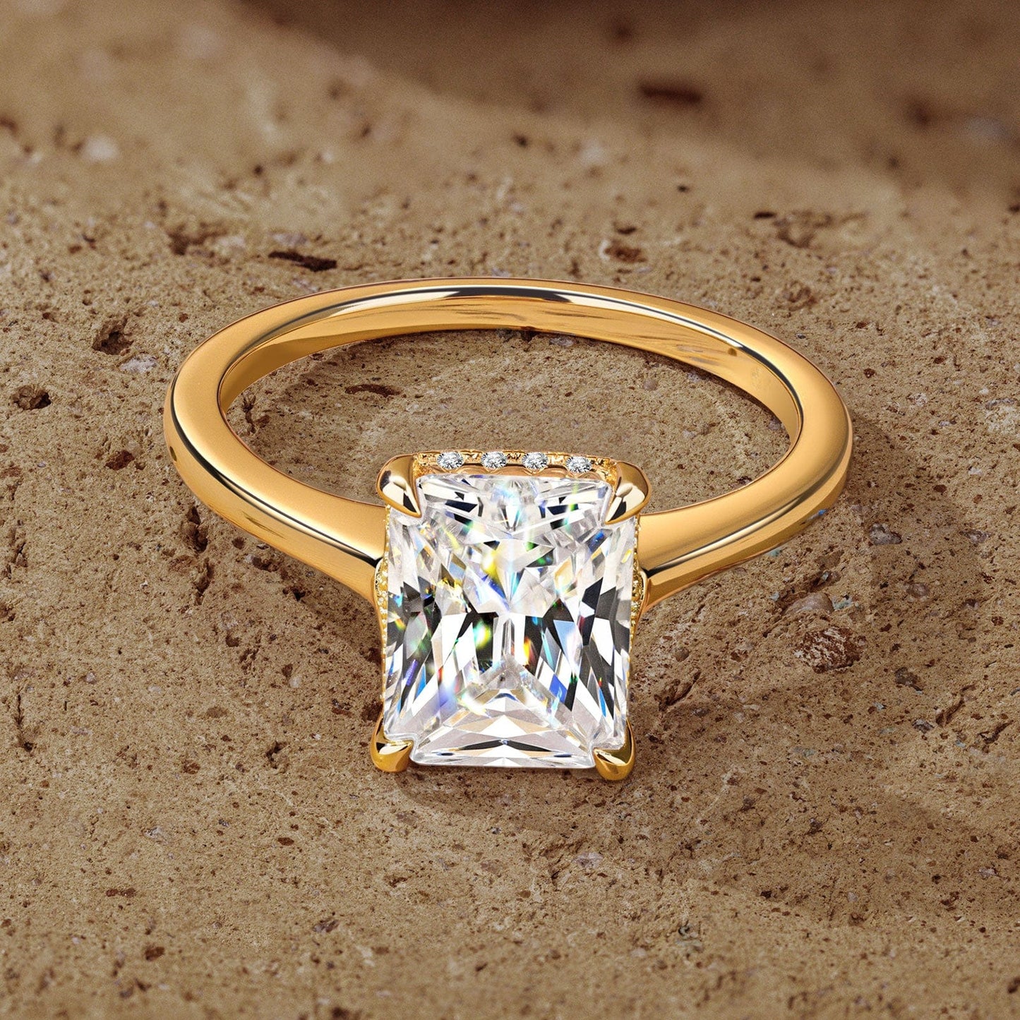 Lab-Certified Radiant Cut Moissanite - Hidden Halo Classic Engagement Ring 14K Yellow Gold Plated (Includes GRA Certification from Gemological Research Association)