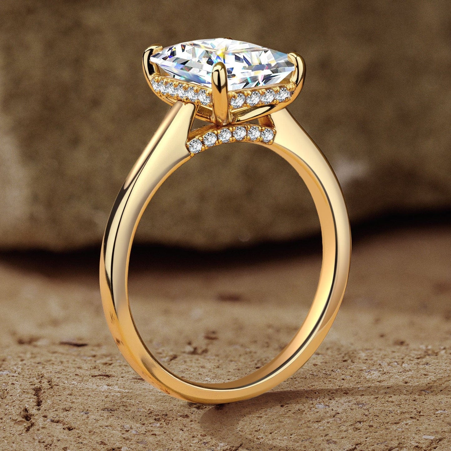 Lab-Certified Radiant Cut Moissanite - Hidden Halo Classic Engagement Ring 14K Yellow Gold Plated (Includes GRA Certification from Gemological Research Association)