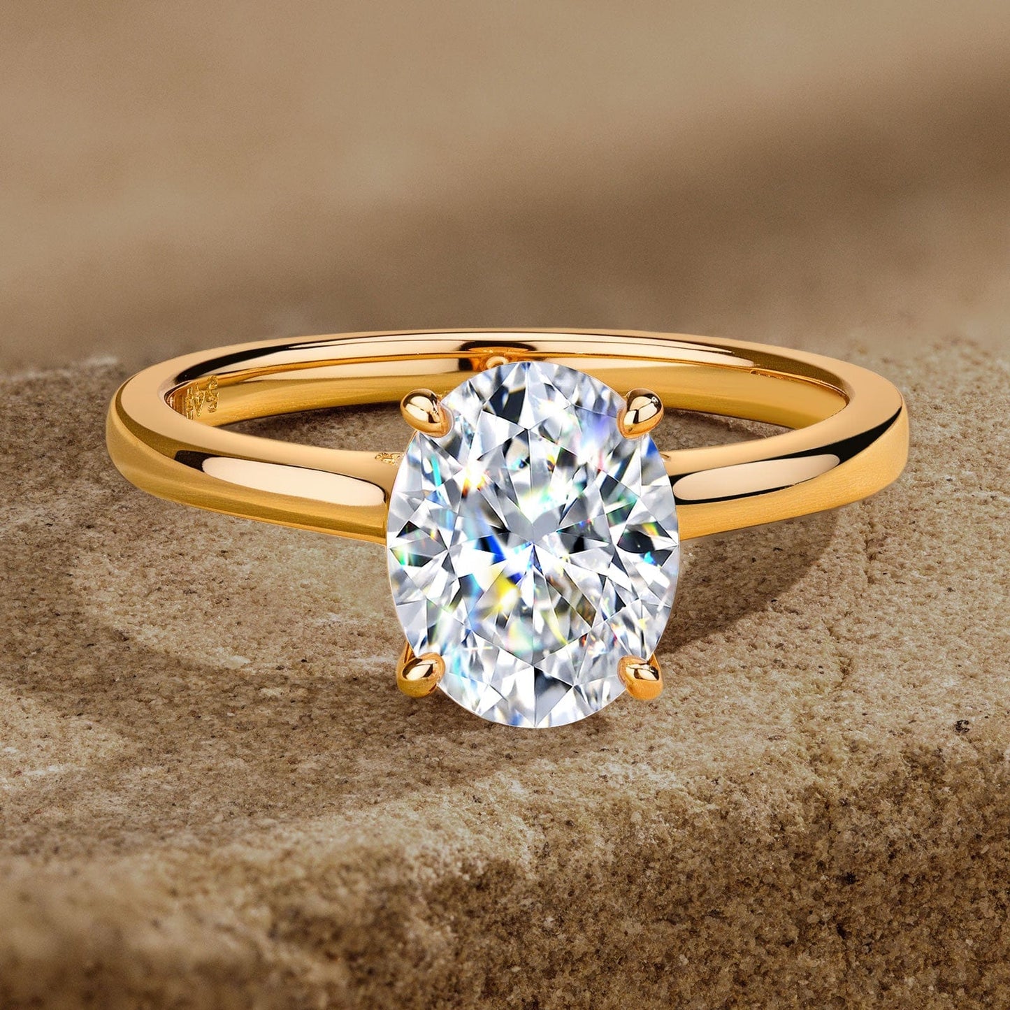 Lab-Certified Oval Brilliant Cut Moissanite - Hidden Halo Classic Engagement Ring 14K Yellow Gold Plated (Includes GRA Certification from Gemological Research Association)
