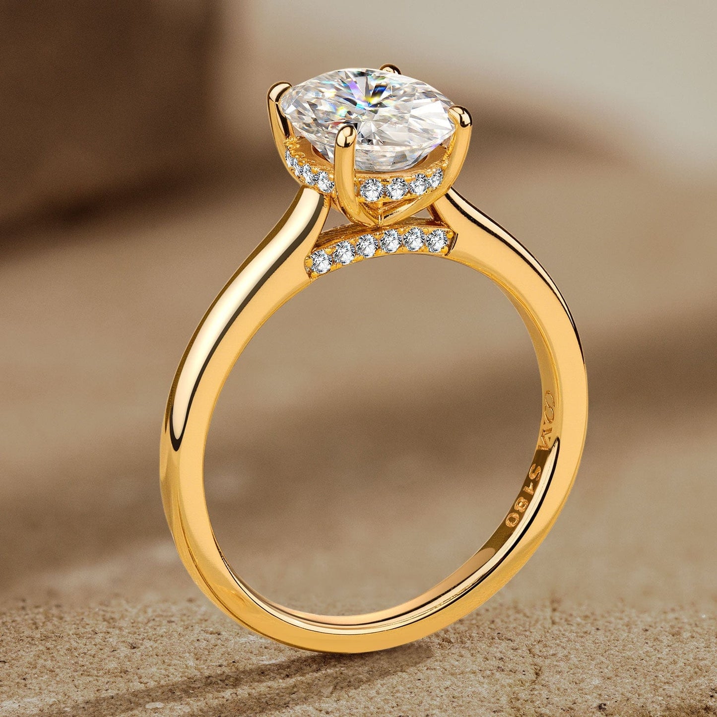 Lab-Certified Oval Brilliant Cut Moissanite - Hidden Halo Classic Engagement Ring 14K Yellow Gold Plated (Includes GRA Certification from Gemological Research Association)