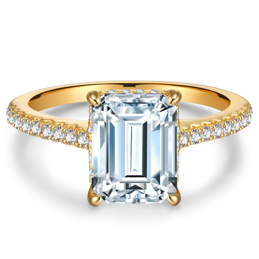gon- Lab-Certified Emerald Cut Moissanite - Hidden Halo Classic Engagement Ring 14K Yellow Gold Plated (Includes GRA Certification from Gemological Research Association)