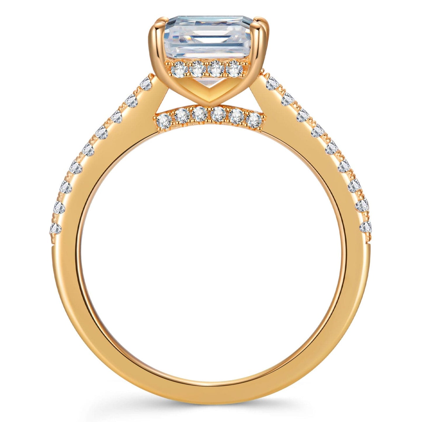 Lab-Certified Emerald Cut Moissanite - Hidden Halo Classic Engagement Ring 14K Yellow Gold Plated (Includes GRA Certification from Gemological Research Association)