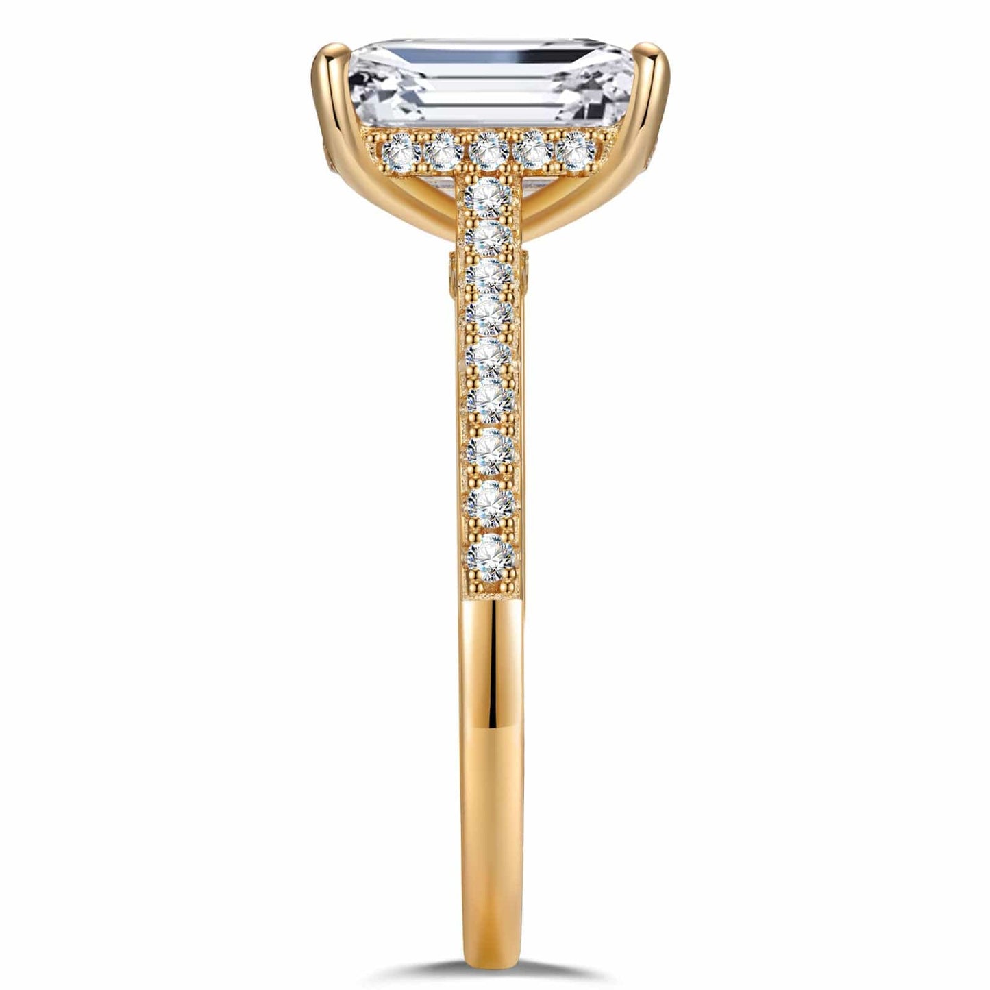 Lab-Certified Emerald Cut Moissanite - Hidden Halo Classic Engagement Ring 14K Yellow Gold Plated (Includes GRA Certification from Gemological Research Association)