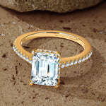 Lab-Certified Emerald Cut Moissanite - Hidden Halo Classic Engagement Ring 14K Yellow Gold Plated (Includes GRA Certification from Gemological Research Association)